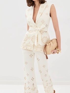 Veronica Beard Cream Eyelet Wide-Leg Jumpsuit with Self-Tie Belt